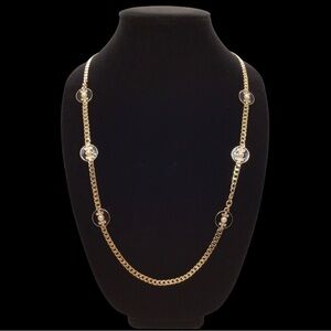 34” Vtg. SHB Gold Tone Chain with Black Enamel Faux Pearl Rhinestone Necklace